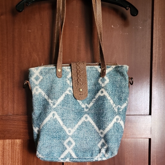 Myra Bag Handbags - Myra Bag Blue and Brown Geometric Tote